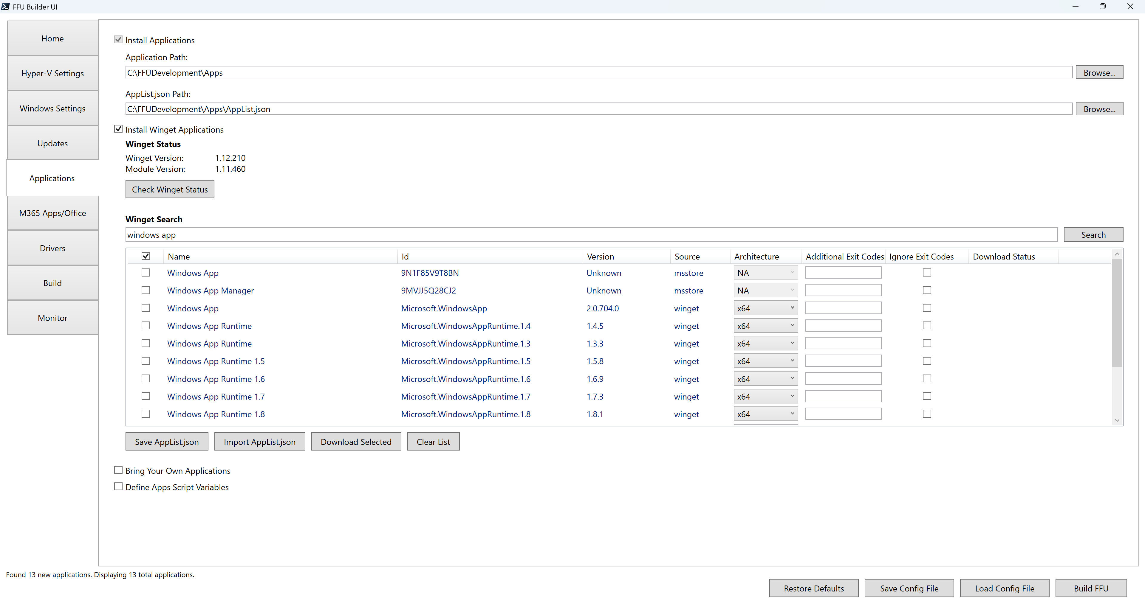 FFU Builder UI - Applications tab with Install Winget Applications checked searching for windows app