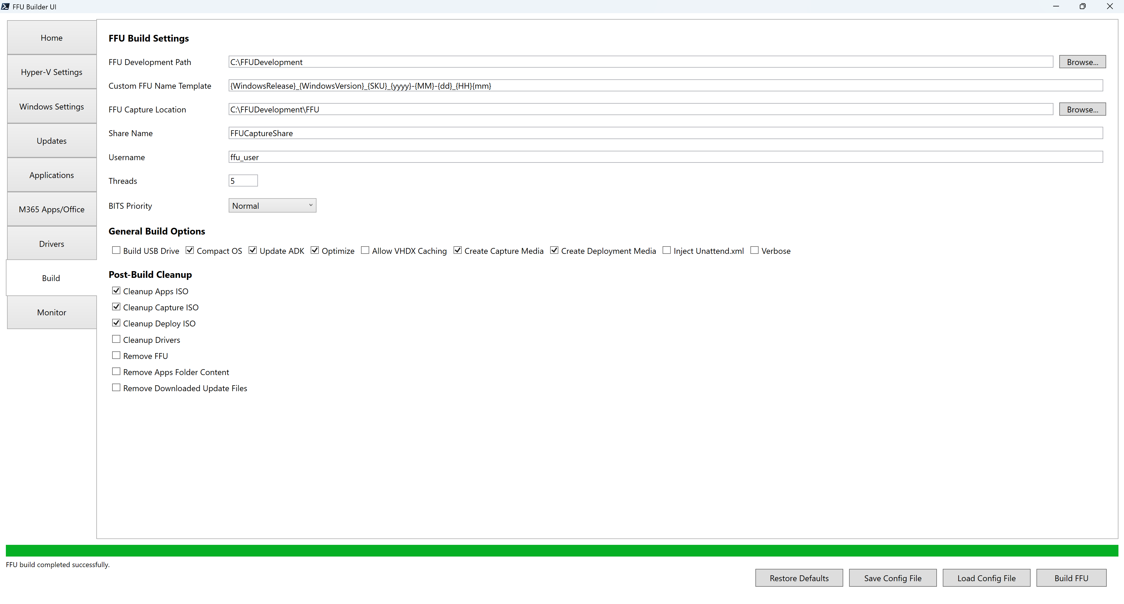 FFU Builder Build tab FFU Builder Build tab