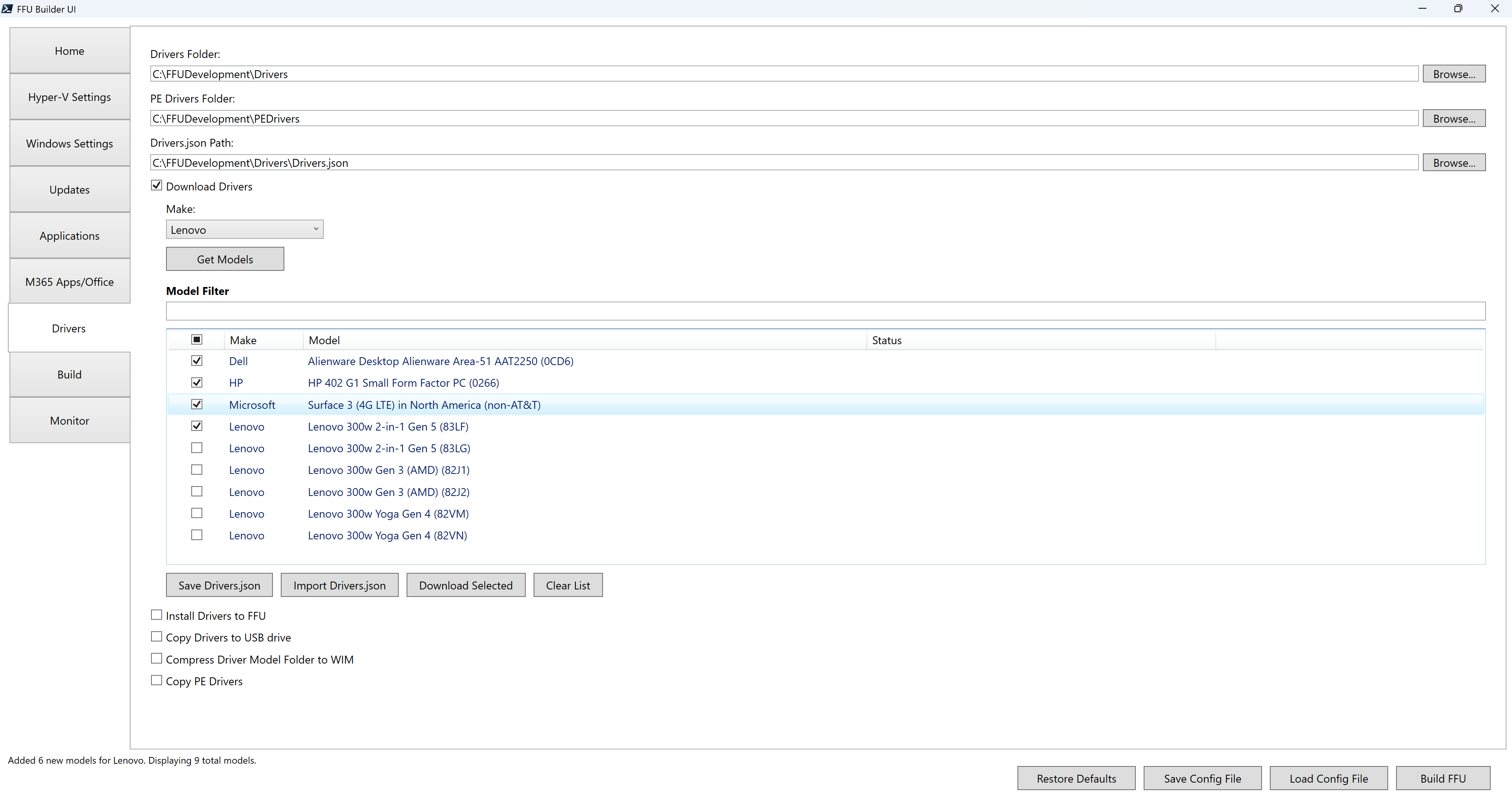 FFU Builder UI showing multiple driver models selected for Dell, HP, Microsoft, and Lenovo
