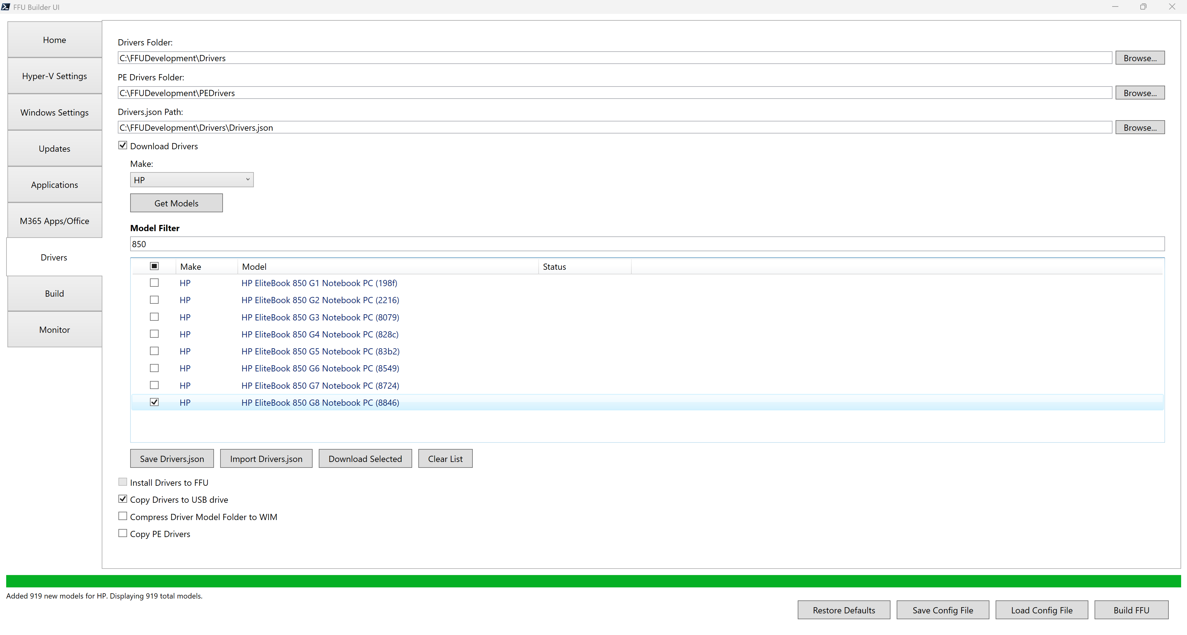 Drivers tab UI Drivers tab UI with HP 850 G8 selected and Copy Drivers to USB drive selected