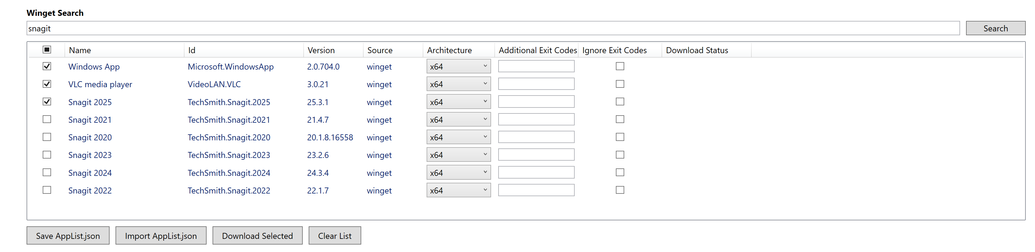 Winget search list view with Windows App, VLC media player, and Snagit 2025 selected