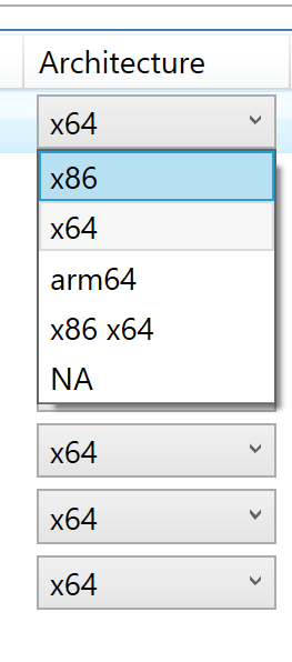 Architecture options that can be selected for winget applications
